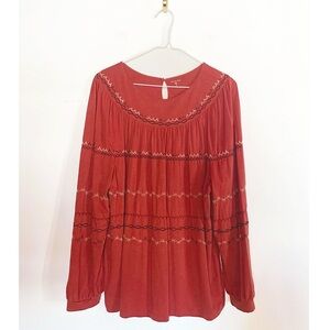 GARNET HILL Dahlia Burnt Orange Red Ochre Embroidered Knit Top Womens size M